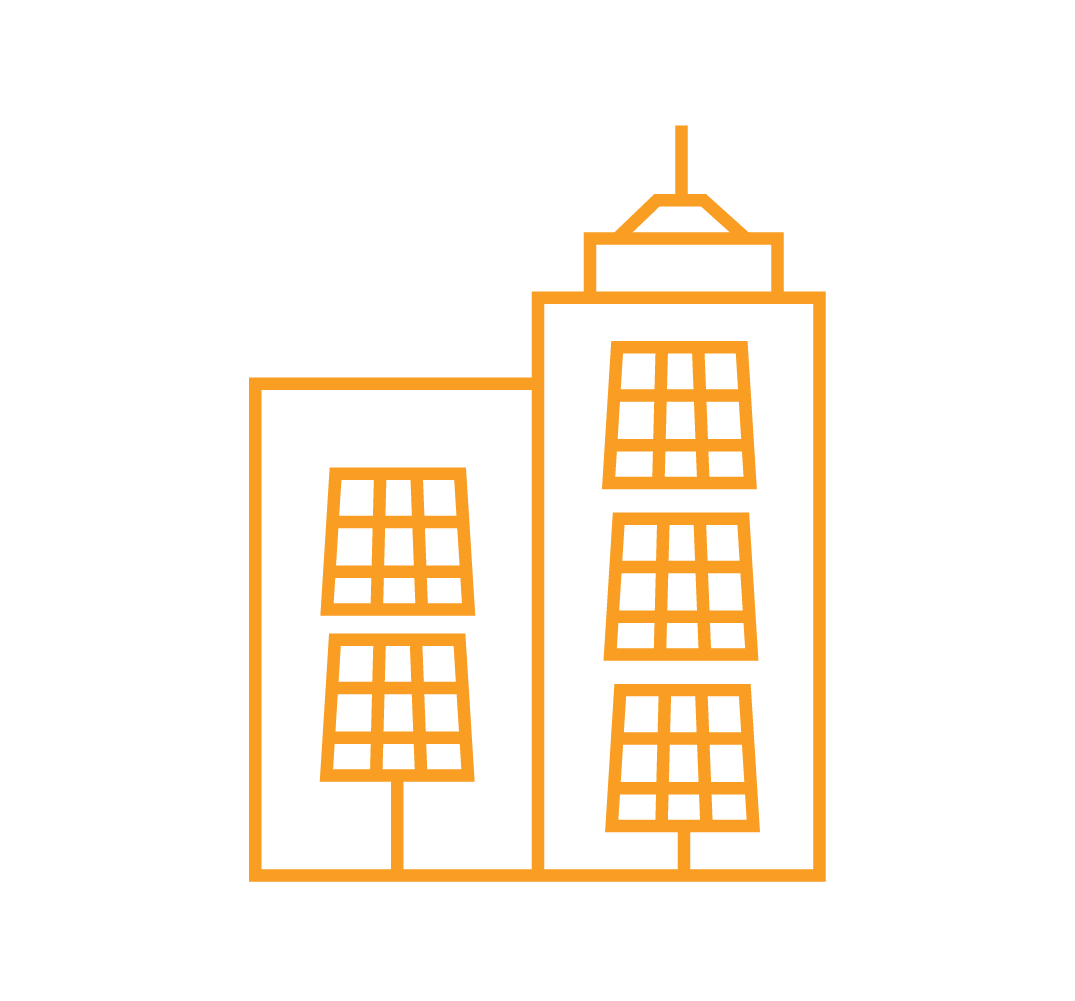 Line drawing of three high-rise buildings with windows, in orange color.